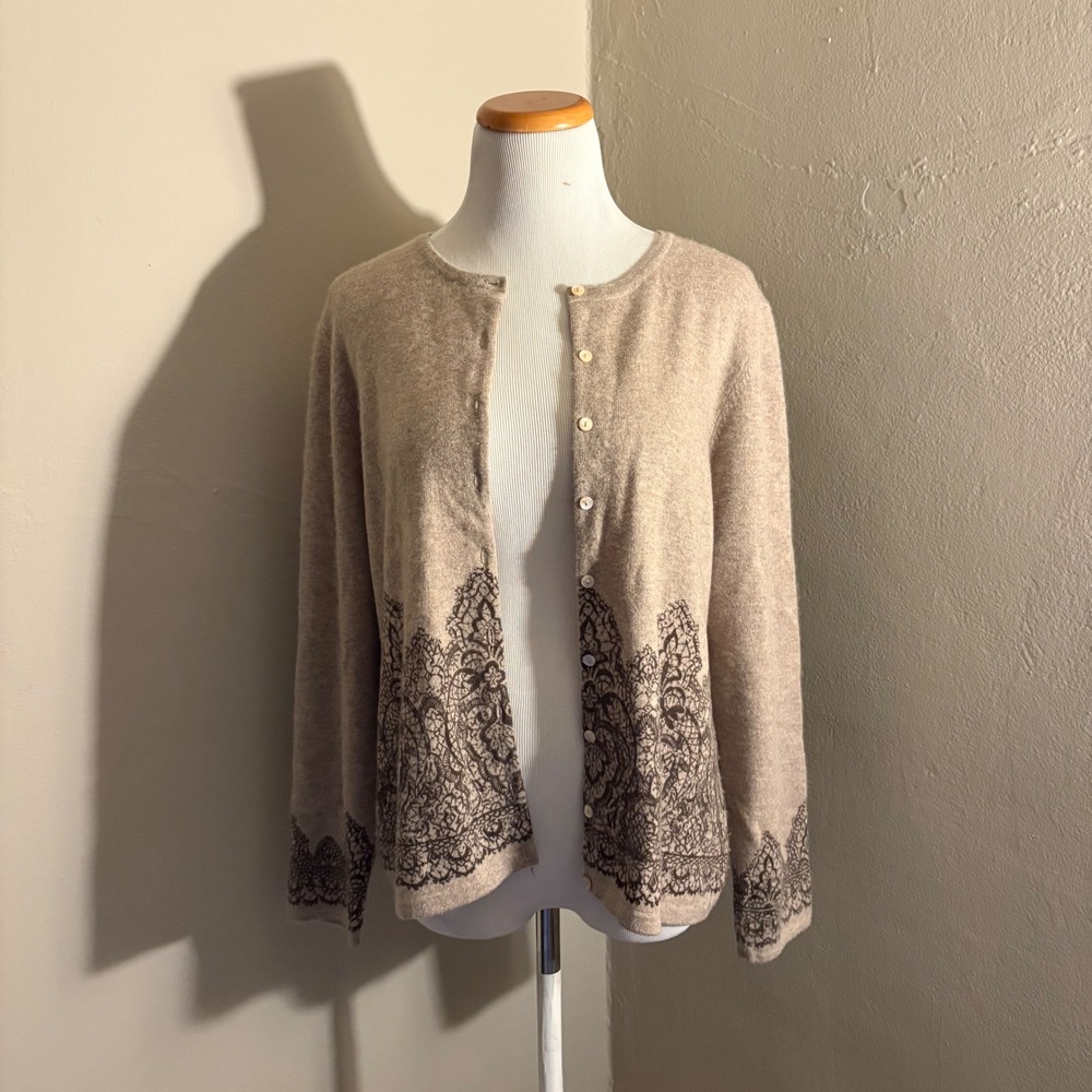 100% Cashmere Charter Club Lace Print Cardigan Sweater XL Tan Button Front Knit